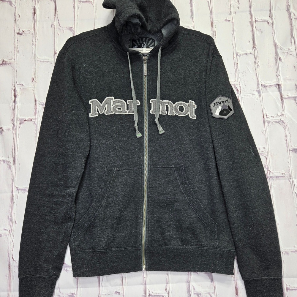 Marmot Zip Up Hoodie Gray Heather Logo Patch Outdoor Hiking Walking Mens Sz M